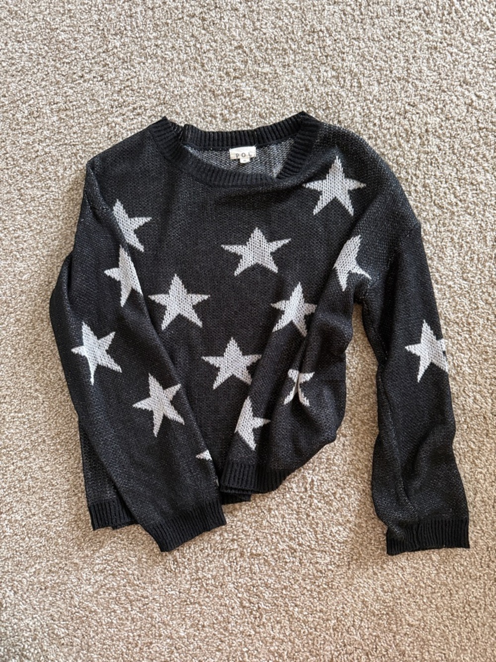 POL Black Crewneck Sweater with White Star Pattern